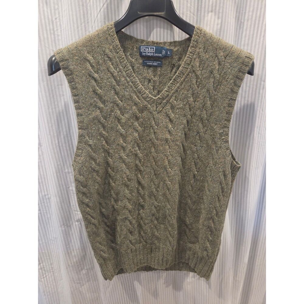 Vintage Polo Ralph Lauren Alpaca Wool Hand Knit Cable Vest Green Men's Large